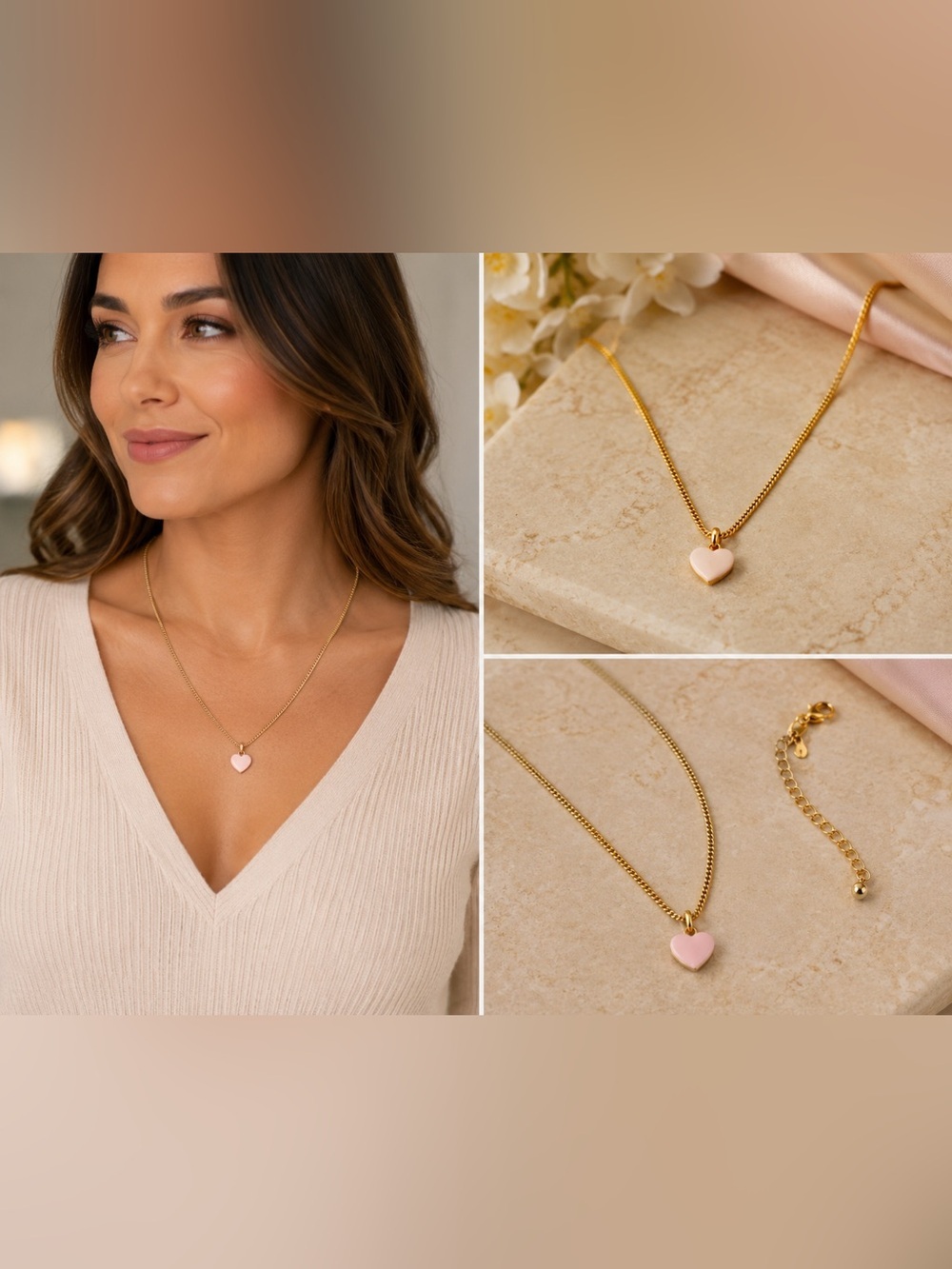 Delicate Gold Tone Heart Necklace | Minimal Pink Heart Pendant Layering Jewelry